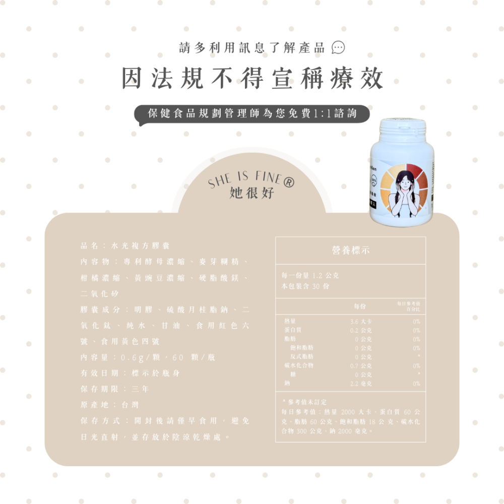 現貨『穀胱甘肽』水光複方膠囊 (60顆/瓶) 她很好 SHE IS FINE ® 水光錠 維他命 c 白藜蘆醇-細節圖7