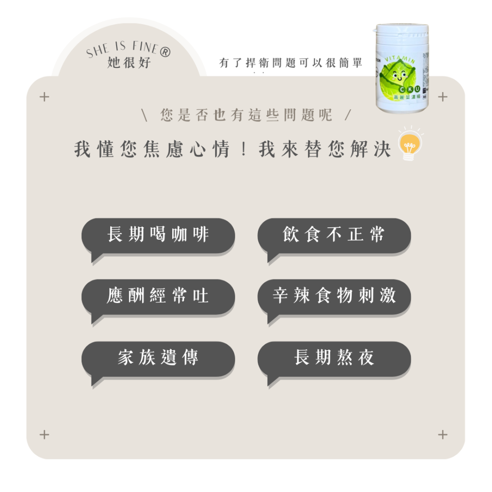 現貨『維生素U』捍衛複方膠囊 (60顆/瓶) 她很好 ® 維生素C 保健食品 蛋白質 膳食纖維 高麗菜 維生素U-細節圖2