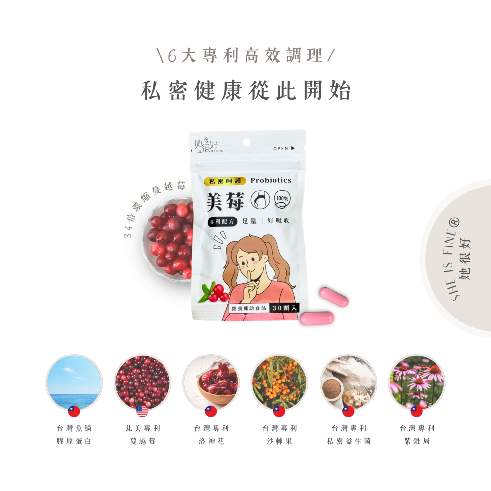 現貨『私密保養』美莓複方膠囊 (30顆/包) 她很好 SHE IS FINE® 私密處 蔓越莓 益生菌 洛神花 維他命-細節圖3