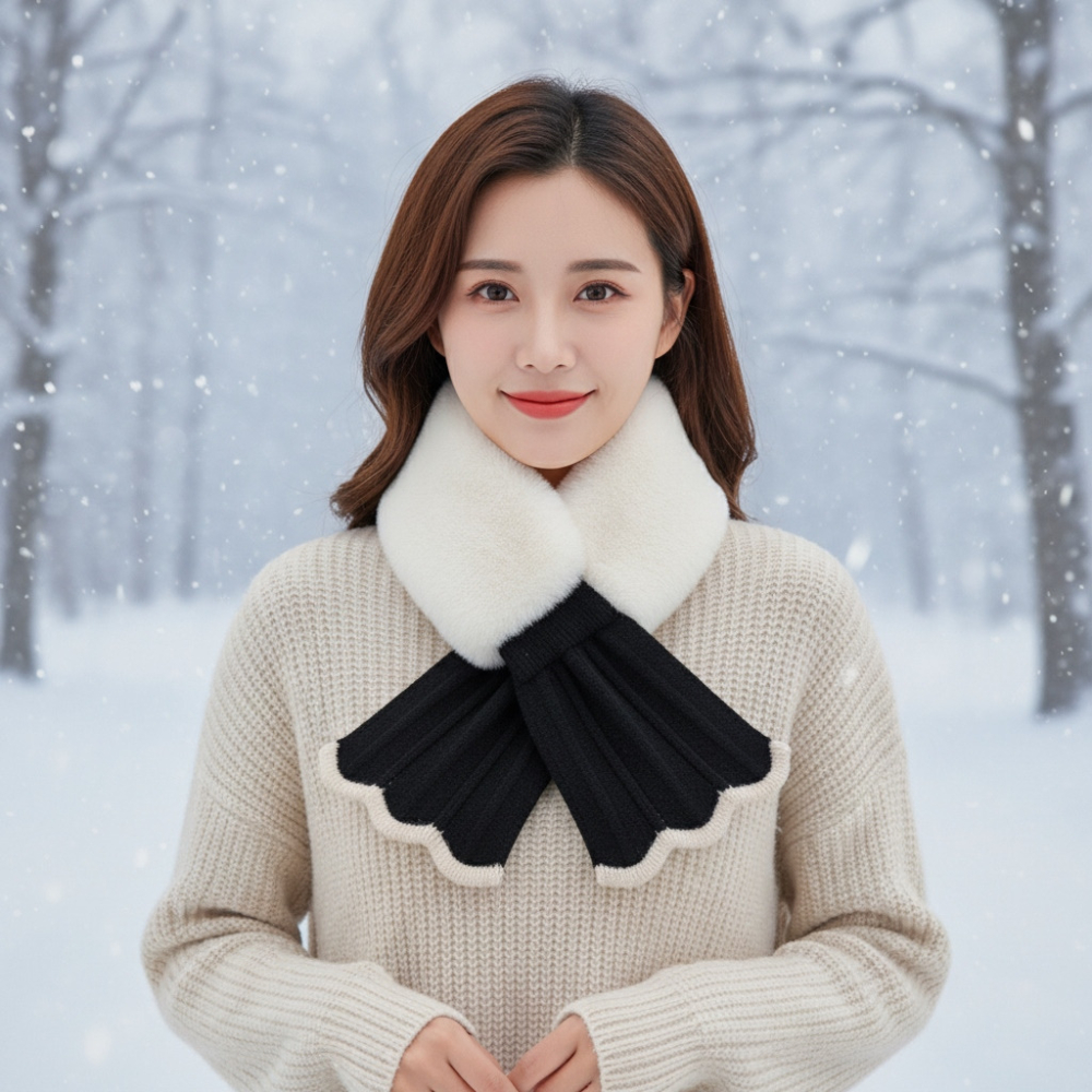 秋冬交叉圍脖 針織圍巾 圍脖 拚接圍脖 魚尾交叉毛領 仿獺兔毛 保暖針織毛絨脖套-細節圖3