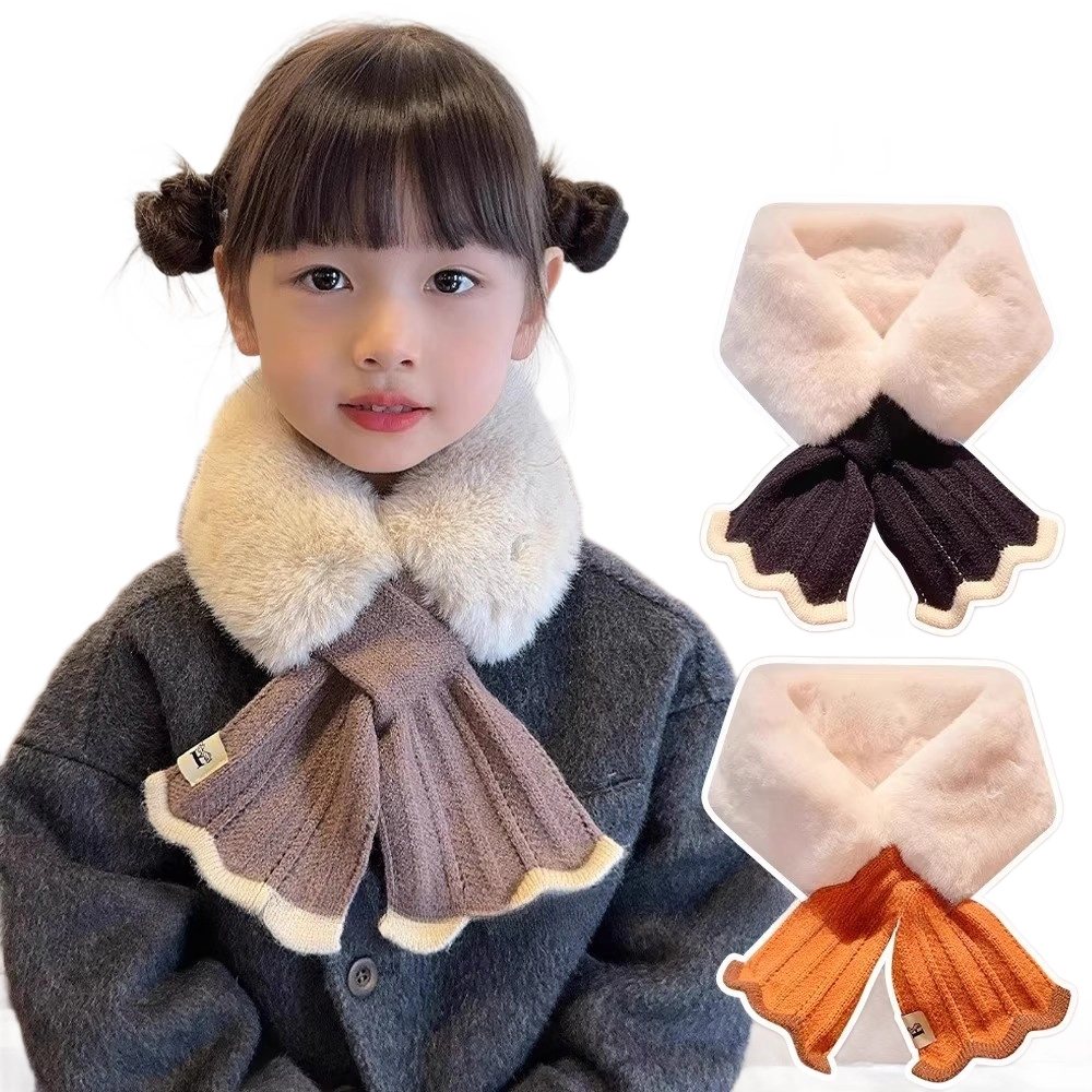 秋冬交叉圍脖 針織圍巾 圍脖 拚接圍脖 魚尾交叉毛領 仿獺兔毛 保暖針織毛絨脖套-細節圖4