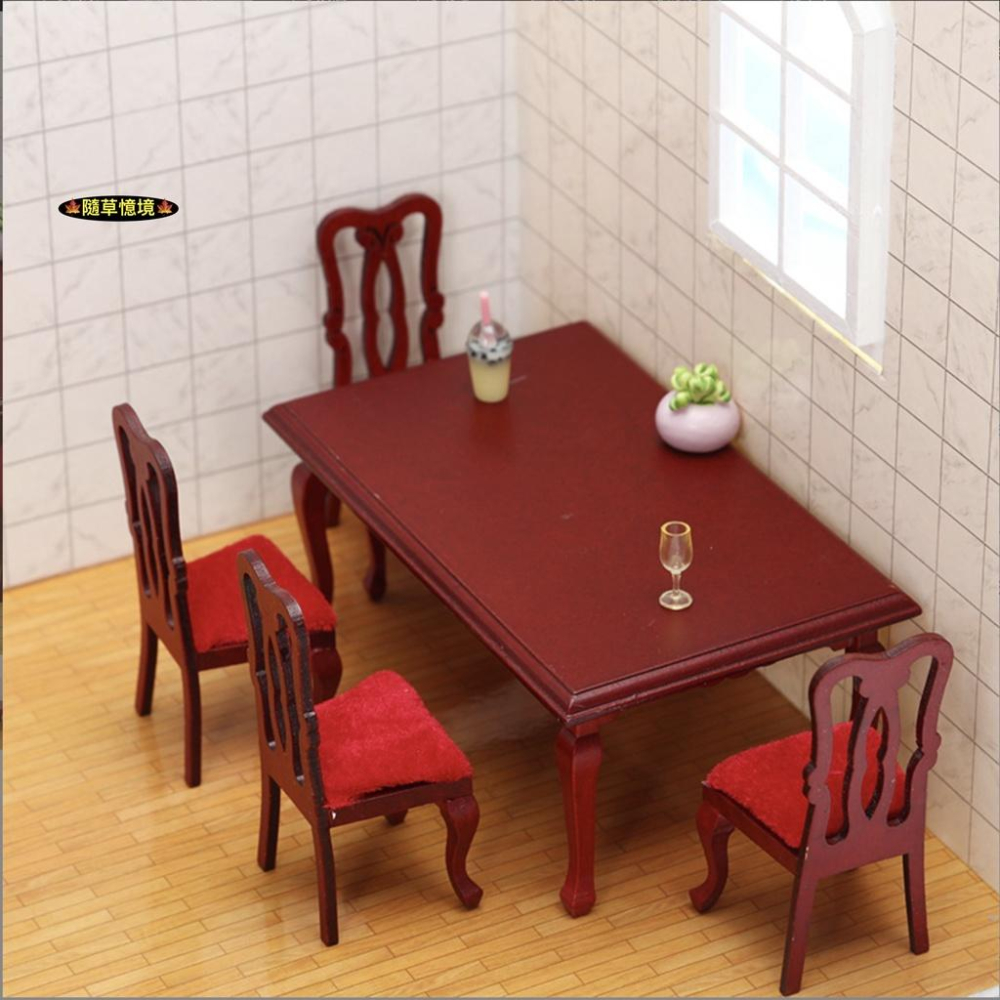 （木質手作）迷你仿真 復古 餐桌 餐椅 餐桌椅 仿紅木 桌子 椅子 娃娃屋 袖珍 食玩 微縮場景 微景觀 模型-細節圖2