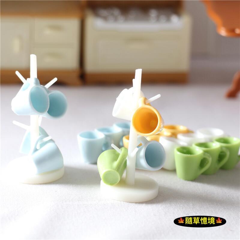 （多色1架4杯）迷你仿真 時尚 水杯 茶杯 茶杯架 水杯架 杯架 杯子 BJD 袖珍 食玩 微縮場景 微景觀 模型-細節圖2