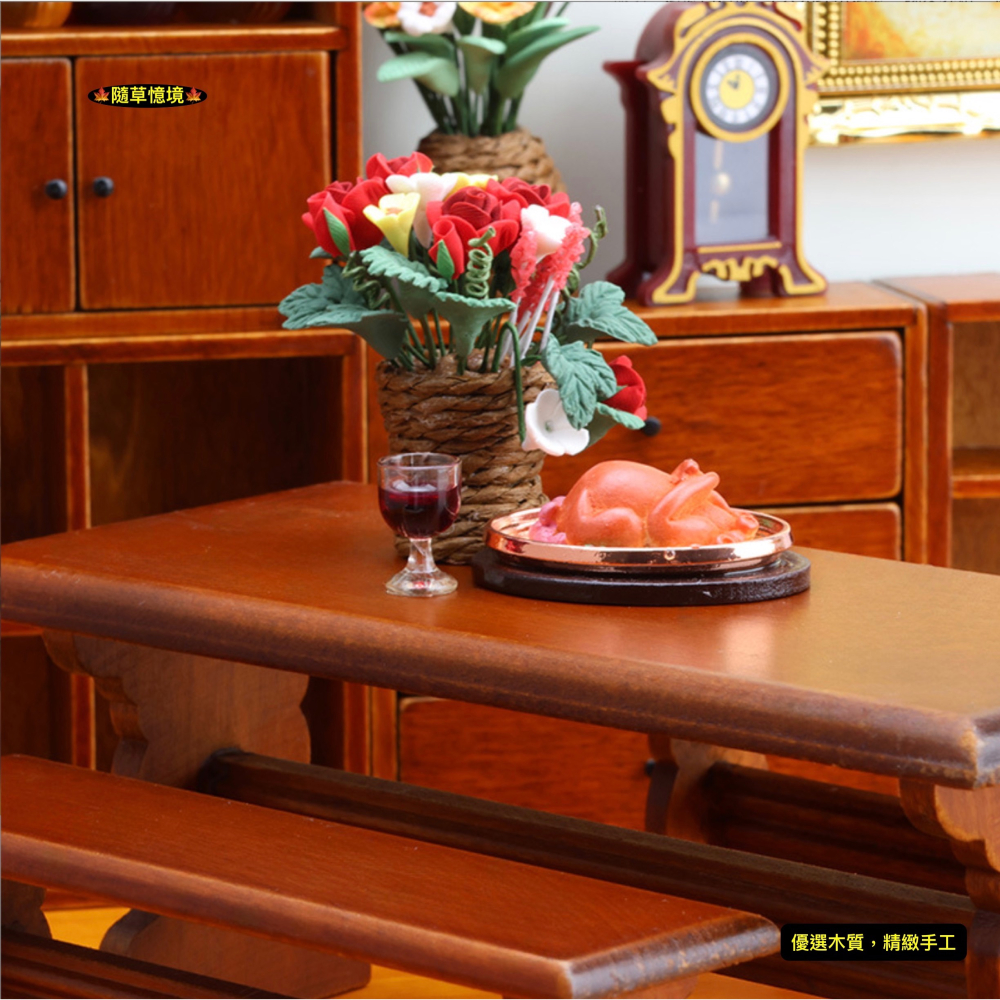 （木質3件套）迷你仿真 餐桌 長桌 長椅 長板凳 桌子 椅子 餐廳 場景 娃娃屋 袖珍 微縮 食玩 微景觀 模型-細節圖3