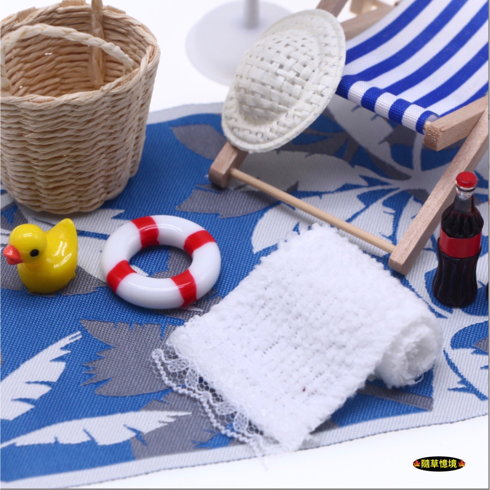（11件套）迷你仿真 沙灘椅 海灘 造景 地毯 太陽傘 可樂 泳圈 吉他 竹籃 娃娃屋 袖珍 微縮 食玩 微景觀 模型-細節圖4