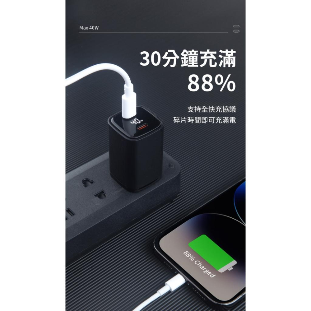 (BSMI認證)40W  氮化鎵充電器 雙Type-C 充電器 PD 快充頭雙孔 手機充電器 豆腐頭 螢幕顯示功率K15-細節圖4