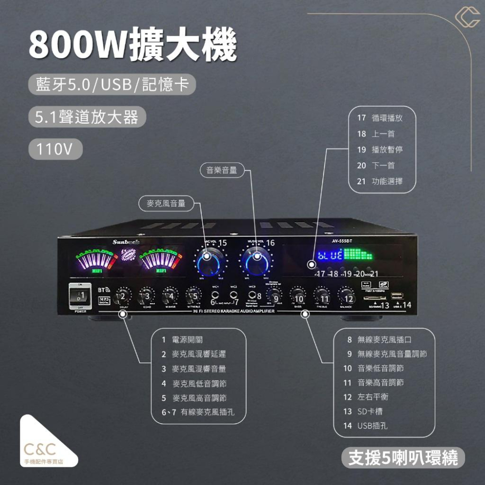 【台中現貨】800W擴大器110V 內置5.0藍芽 5.1聲道擴大機 卡拉OK 音響播放器 家用放大器擴音機-細節圖2