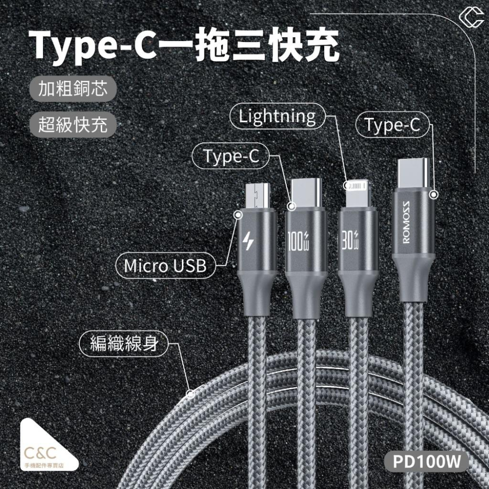 羅馬仕Type-C一拖三快充 TYPE-C頭一拖三 Type-c轉三種接口 快充線 特殊材質 不易斷 最新技術-細節圖3