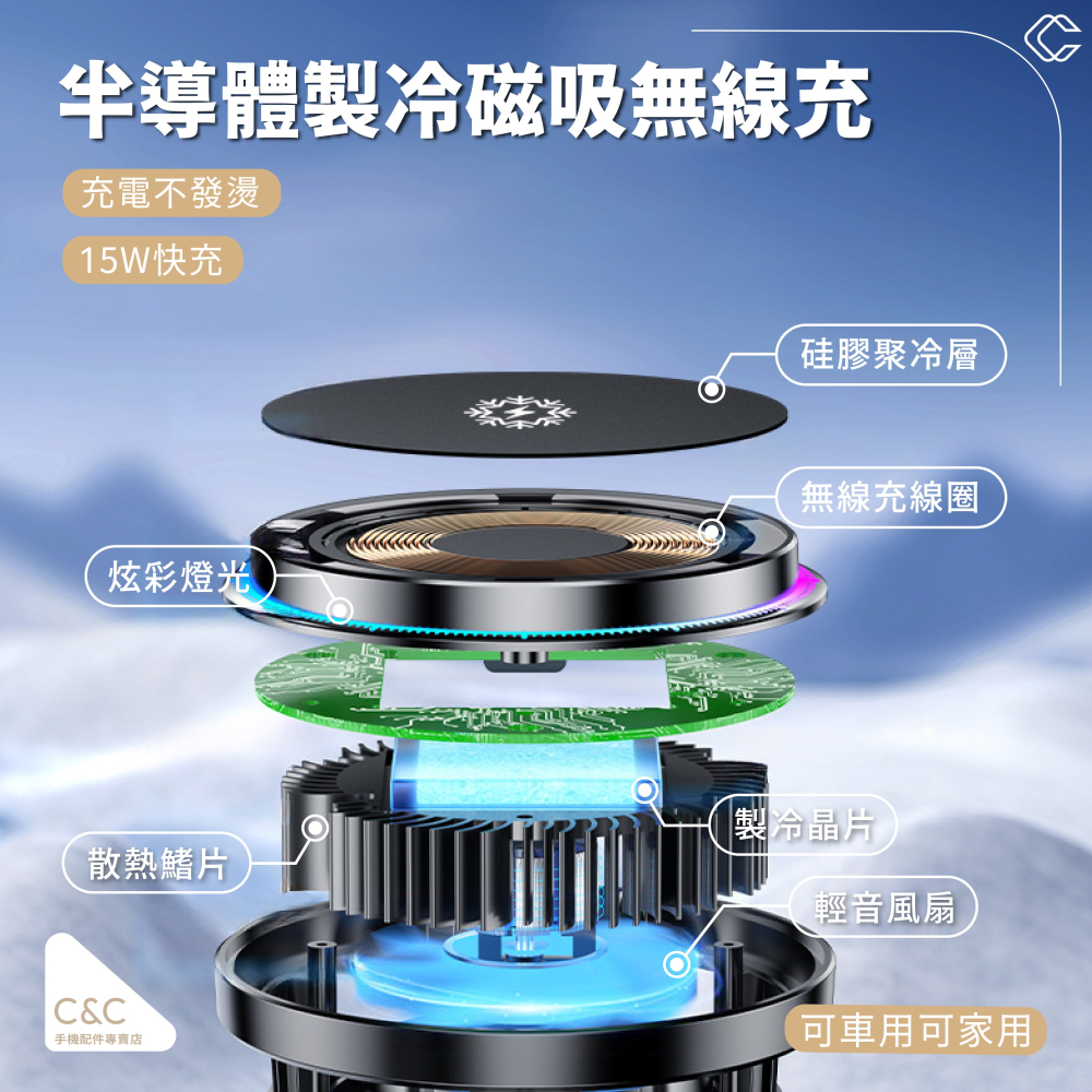 C&C 半導體制冷磁吸無線車充 Magsafe車用手機架 無線充電手機架 汽車手機支架 車用手機支架 QI2車充支架-細節圖5