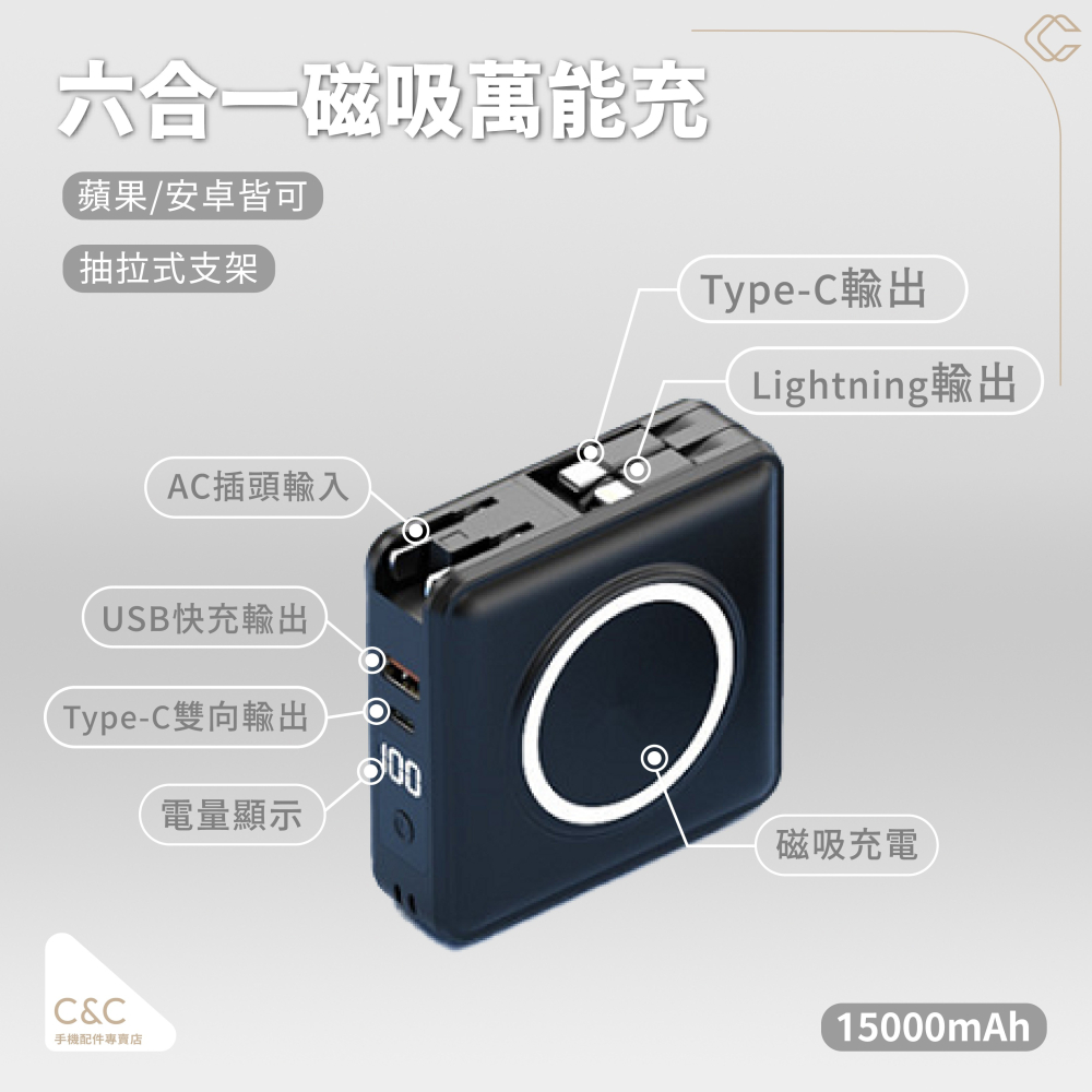 【台灣現貨】【15000mAh】自帶線六合一磁吸行動電源-細節圖3