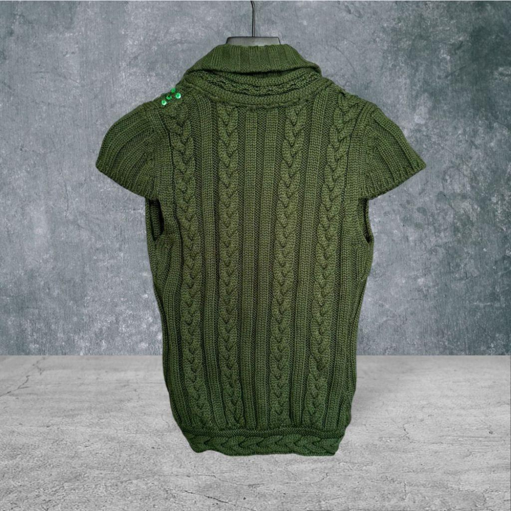 二手 IROO 墨綠 九成新 微厚彈性針織緹花翻領亮片開襟40號 短袖 上衣 VA1215﹝凡賽蘇﹞-細節圖4