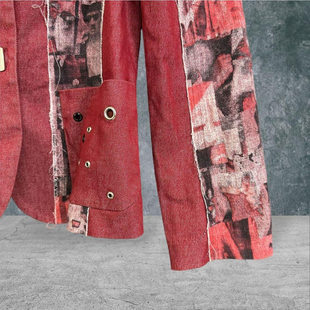 二手 PARKYAN 紅 九成三新大碼可 彈性薄棉牛津面英式搖滾印花11號 西裝 外套 VA1211﹝凡賽蘇﹞-細節圖3