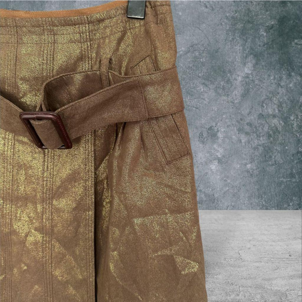 二手 JIS 咖 九成五新 鑽石光棉麻車線造型皮環腰帶前壓褶A字9號 長裙 VA1210﹝凡賽蘇﹞-細節圖2