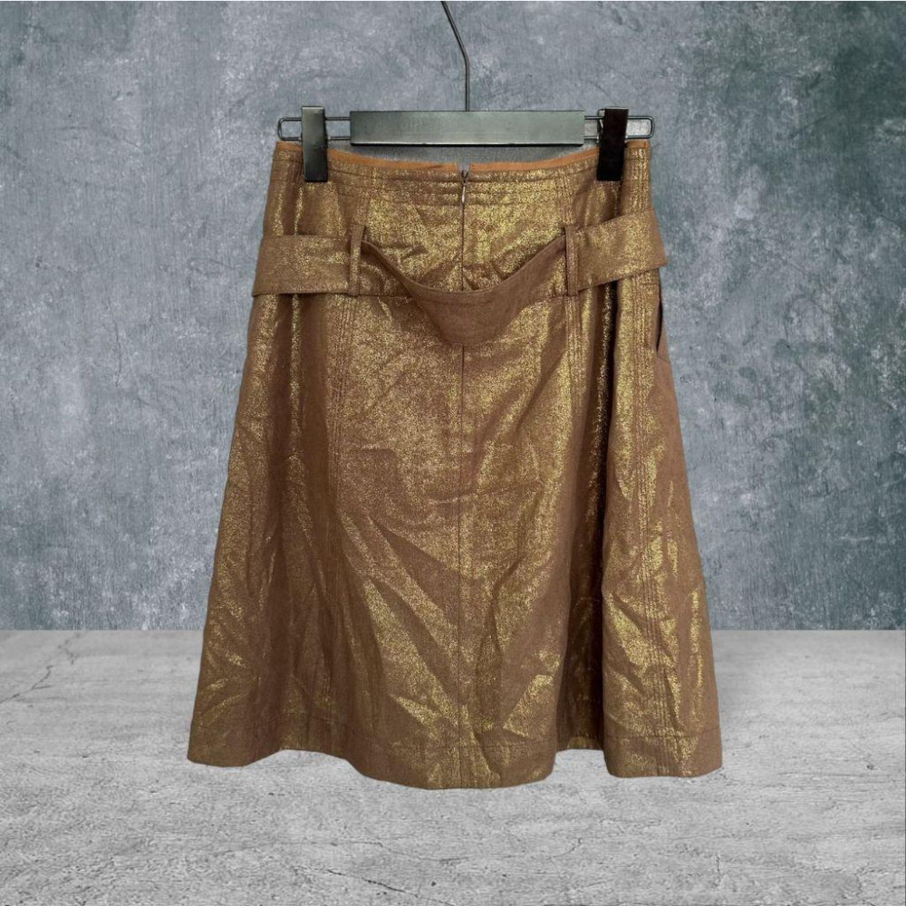 二手 JIS 咖 九成五新 鑽石光棉麻車線造型皮環腰帶前壓褶A字9號 長裙 VA1210﹝凡賽蘇﹞-細節圖3