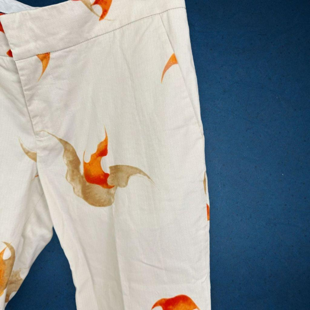 二手 VIVIENNE TAM譚燕玉 香港製 米橘 九成六新 微彈棉麻雲片印花低腰直筒2號 長褲 VA1210﹝凡賽蘇﹞-細節圖2