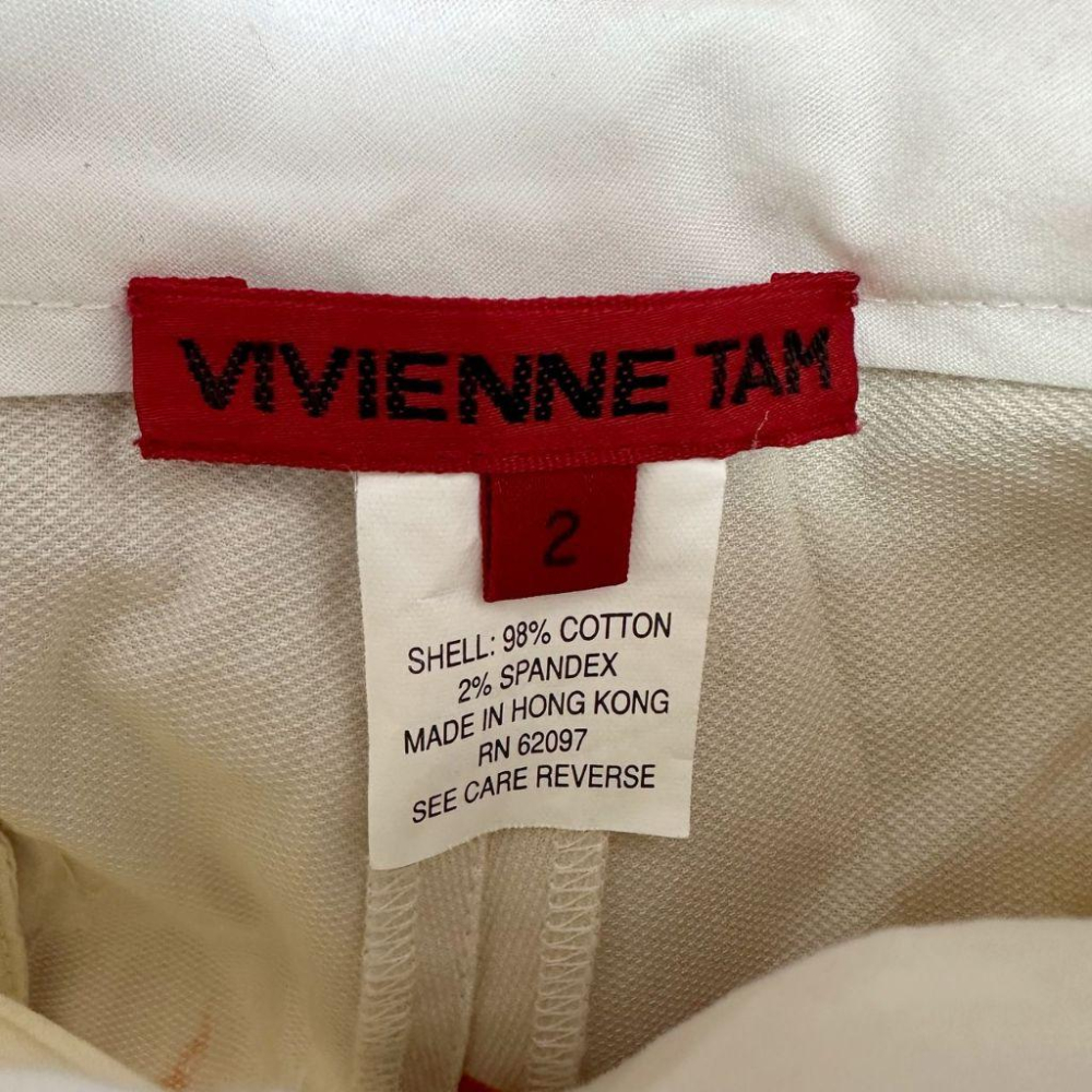 二手 VIVIENNE TAM譚燕玉 香港製 米橘 九成六新 微彈棉麻雲片印花低腰直筒2號 長褲 VA1210﹝凡賽蘇﹞-細節圖3