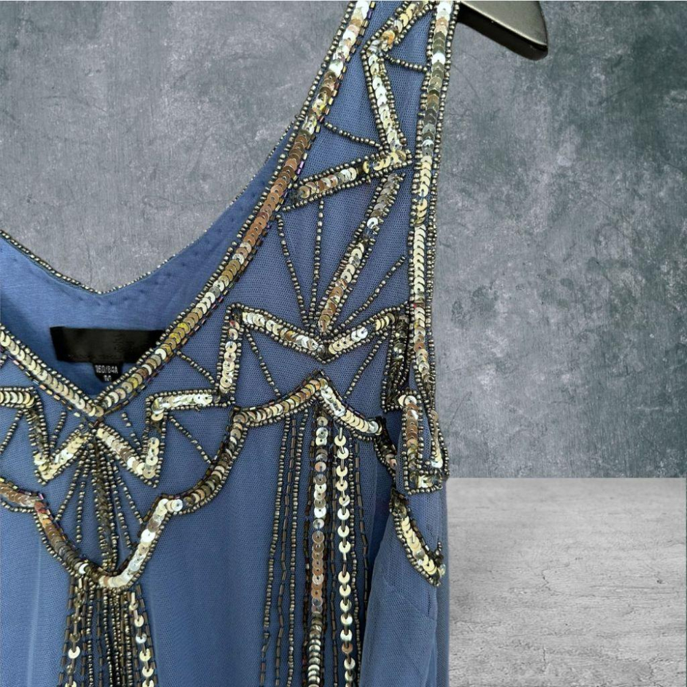 二手 HUANG SHU CHI黃淑琦 印度製 霧藍 重工縫珠亮片網紗V領人造絲M號 無袖 背心 VA1031﹝凡賽蘇﹞-細節圖2