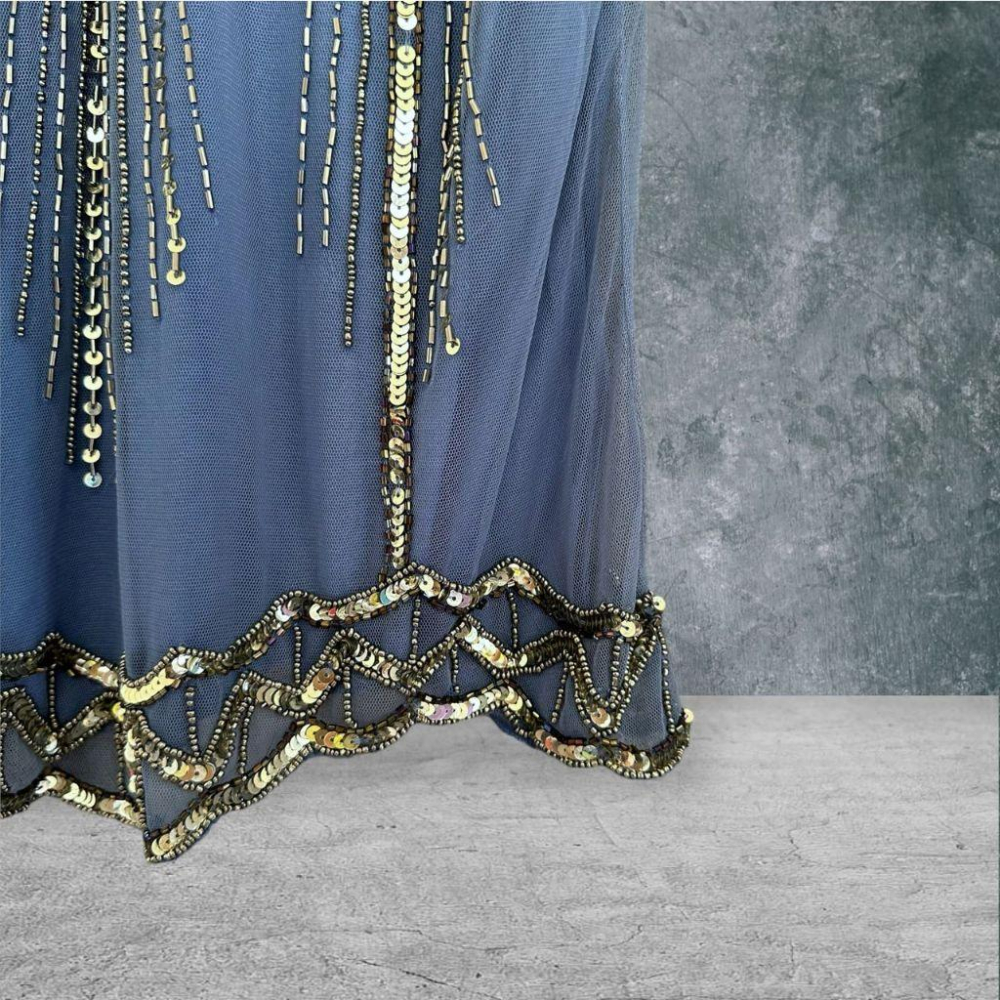 二手 HUANG SHU CHI黃淑琦 印度製 霧藍 重工縫珠亮片網紗V領人造絲M號 無袖 背心 VA1031﹝凡賽蘇﹞-細節圖3