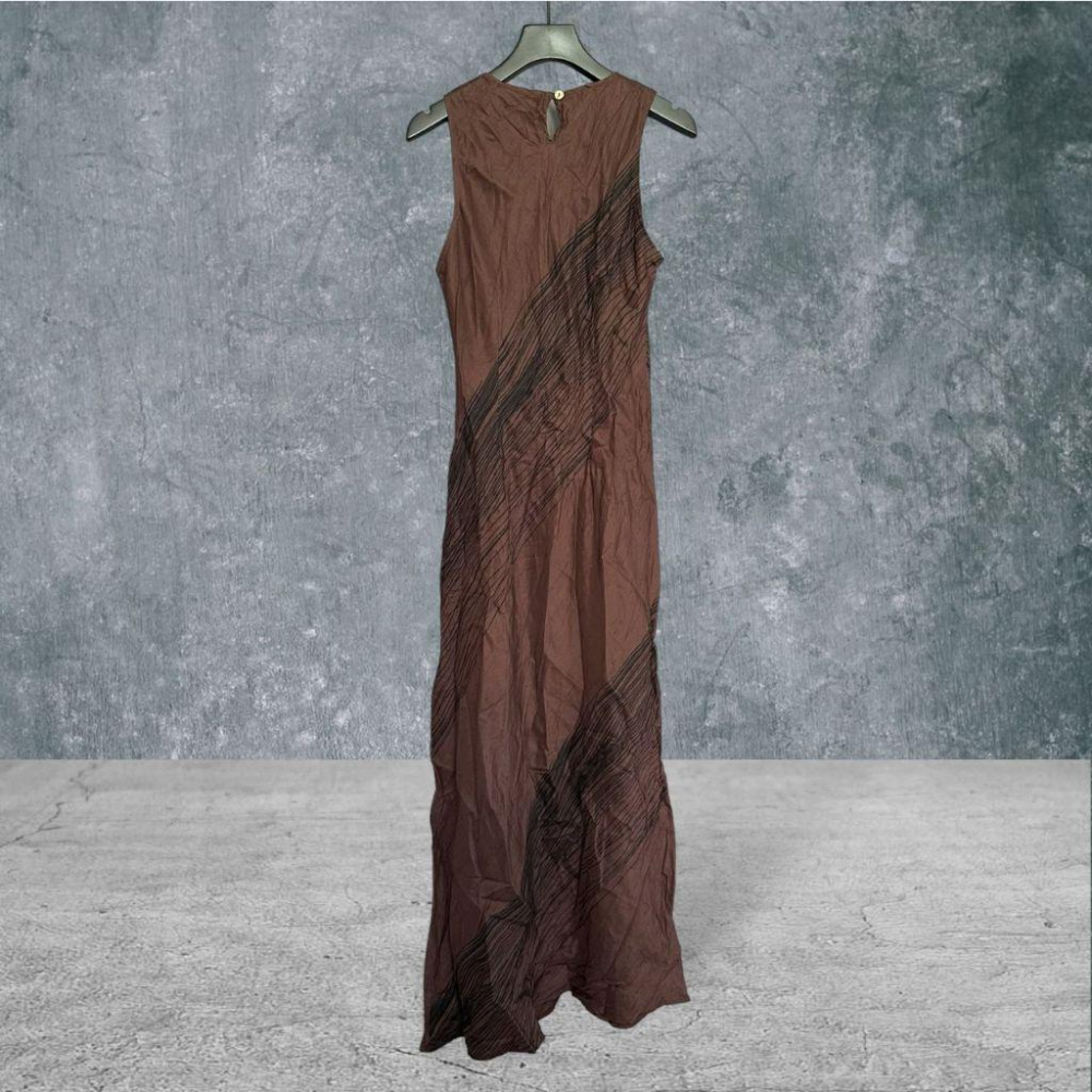 二手 MaxMara 義大利製 咖 真絲斜紋印花後貝殼扣腳踝長洋USA8號 無袖 洋裝 VA1028﹝凡賽蘇﹞-細節圖3
