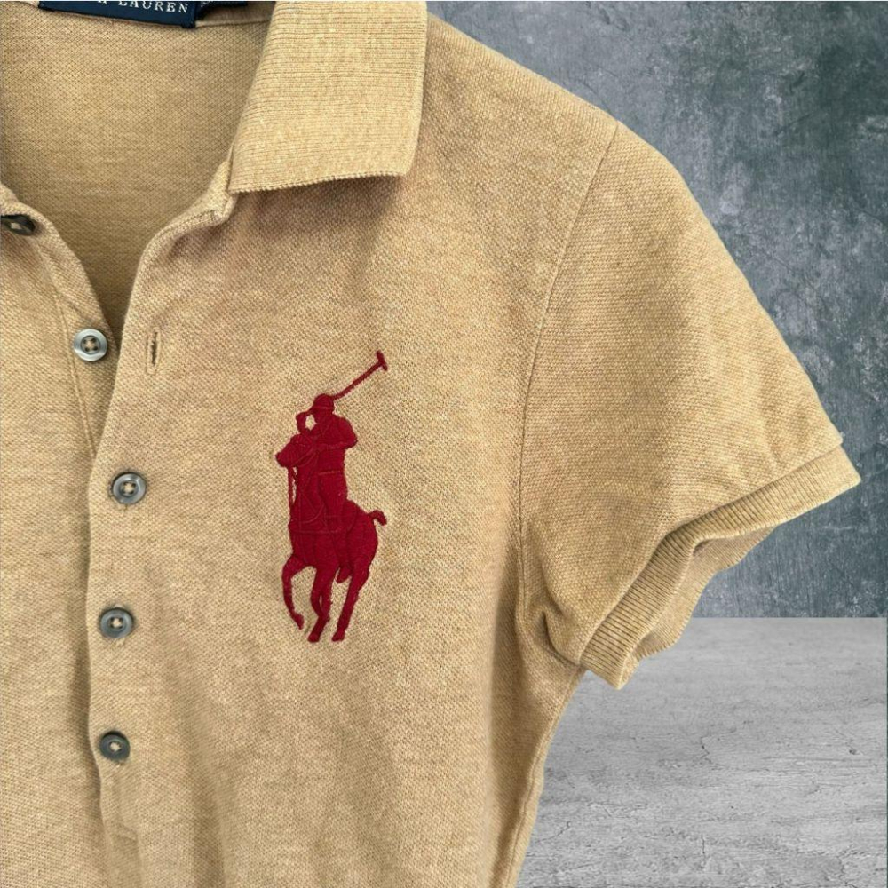 二手 RALPH LAUREN POLO 咖 修身彈性棉麻經典LOGO刺繡馬球XS號 短袖 上衣 VA1027﹝凡賽蘇﹞-細節圖2