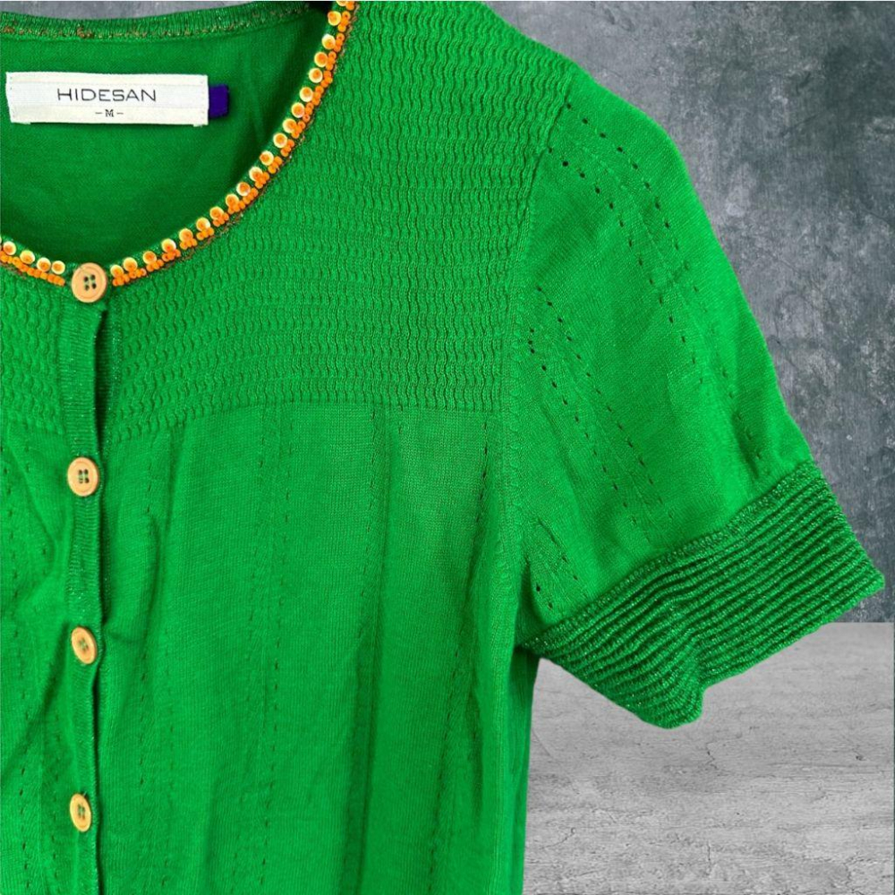 二手 HIDESAN海蒂山 綠 九成五新 彈性棉麻針織亮片縫珠小外套M號 短袖 上衣 VA1027﹝凡賽蘇﹞-細節圖2