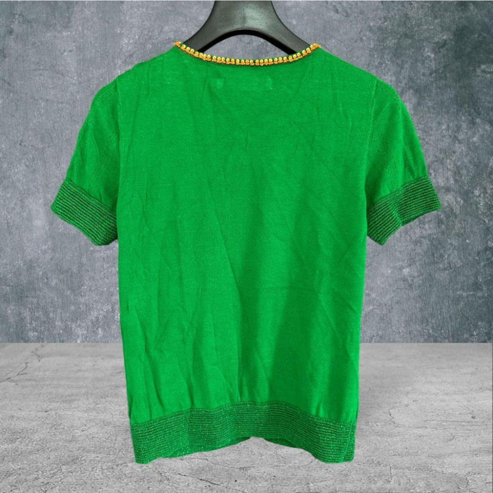 二手 HIDESAN海蒂山 綠 九成五新 彈性棉麻針織亮片縫珠小外套M號 短袖 上衣 VA1027﹝凡賽蘇﹞-細節圖3