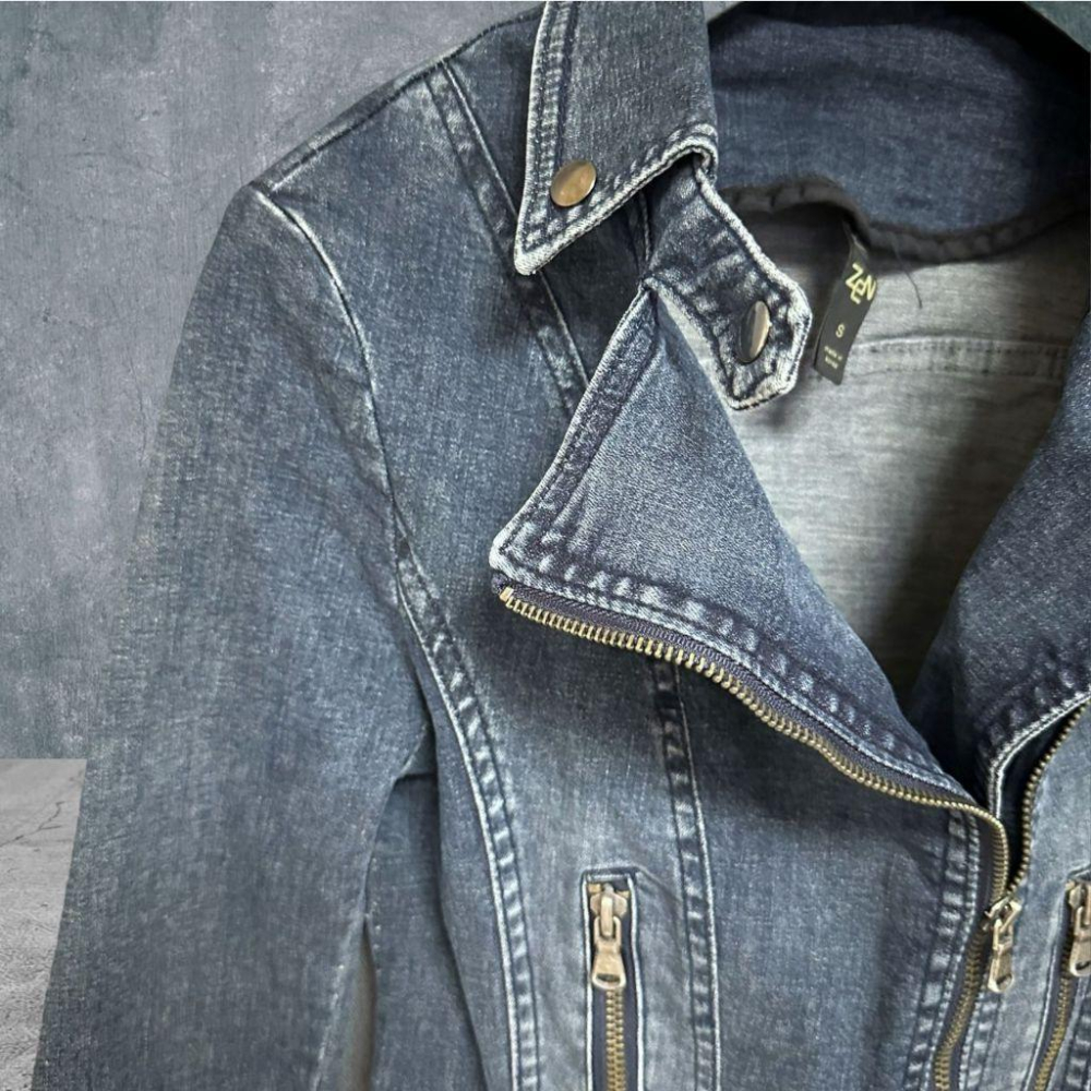 二手 ZEN 韓國製 藍 復古彈性薄牛仔版型挺個性鐵拉鍊騎士獵裝短版S號 牛仔 外套 VA1023﹝凡賽蘇﹞-細節圖2