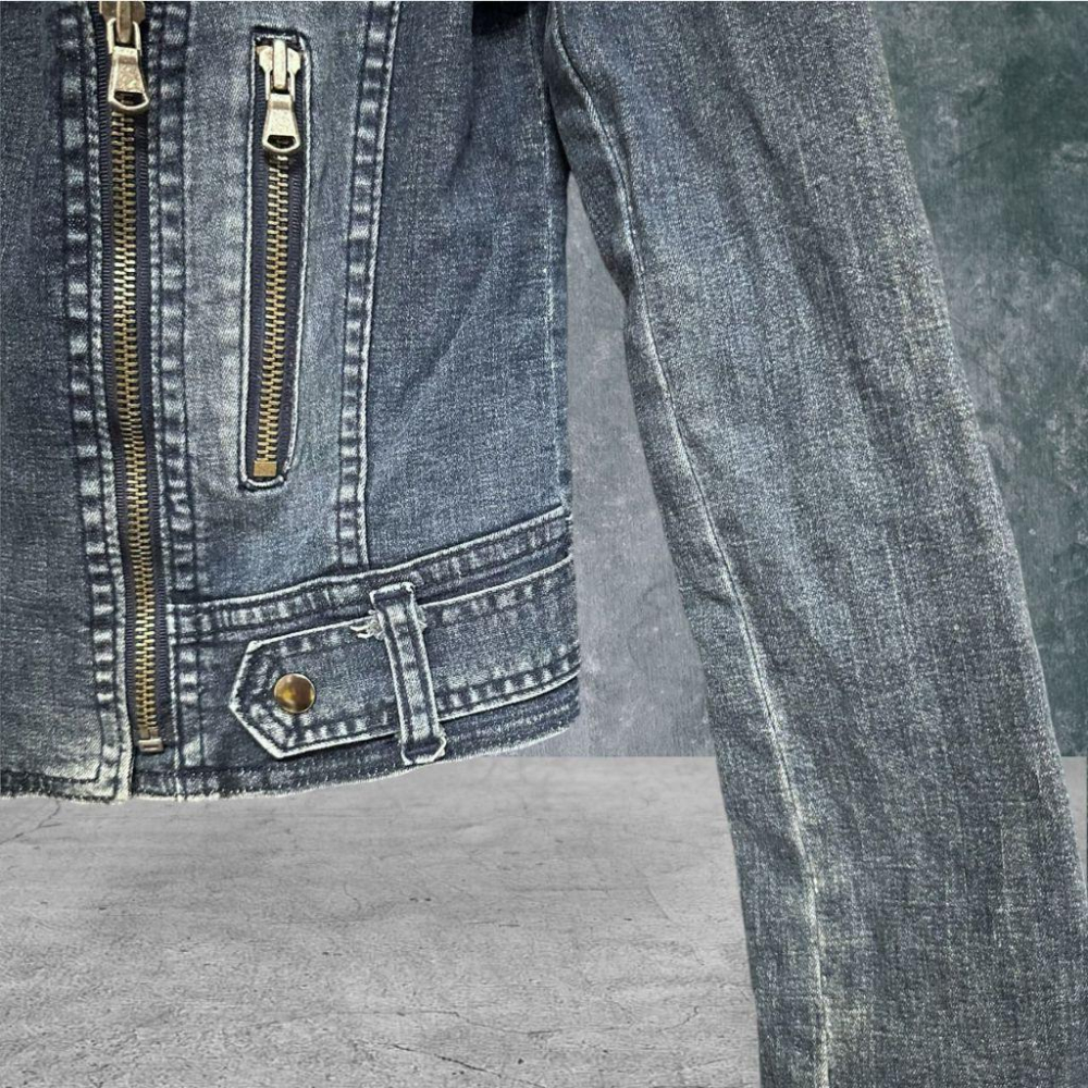 二手 ZEN 韓國製 藍 復古彈性薄牛仔版型挺個性鐵拉鍊騎士獵裝短版S號 牛仔 外套 VA1023﹝凡賽蘇﹞-細節圖3