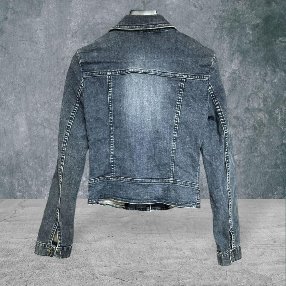 二手 ZEN 韓國製 藍 復古彈性薄牛仔版型挺個性鐵拉鍊騎士獵裝短版S號 牛仔 外套 VA1023﹝凡賽蘇﹞-細節圖4