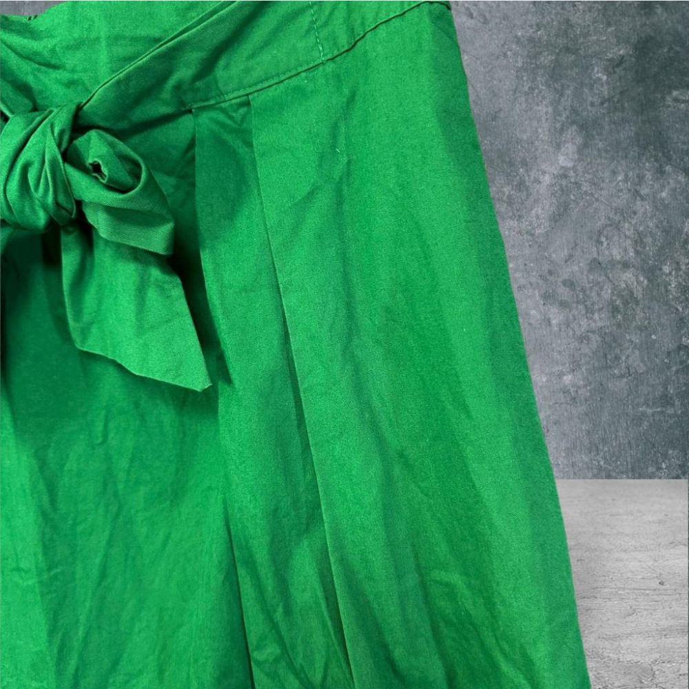 二手 WANT 韓國製 綠 九成八新 正韓棉麻壓褶蝴蝶結A字 休閒 長裙 VA1012﹝凡賽蘇﹞-細節圖2