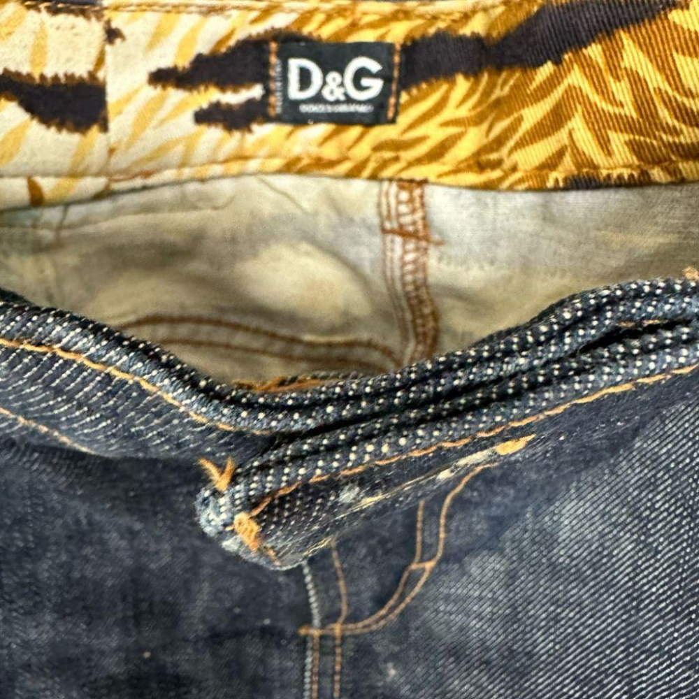 二手 D&G 義大利製 藍黃 九成三新 低腰原色單寧虎紋後開衩狂野獵裝44號 牛仔 短裙 VA1004﹝凡賽蘇﹞-細節圖3