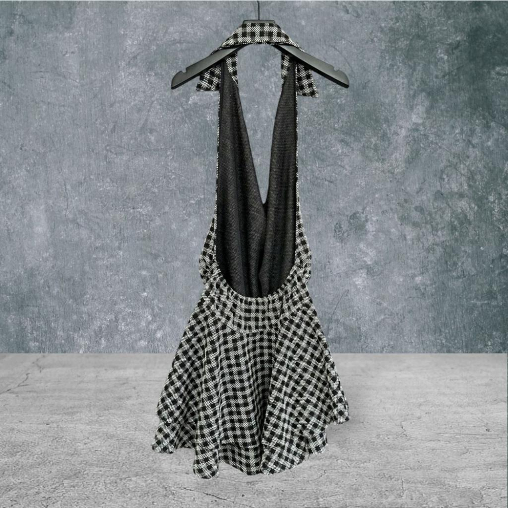 二手 étoile 黑白 九成五新 彈性棉麻毛呢千鳥格繞頸美背V領垂墜蓬裙 無袖 洋裝 VA910﹝凡賽蘇﹞-細節圖5