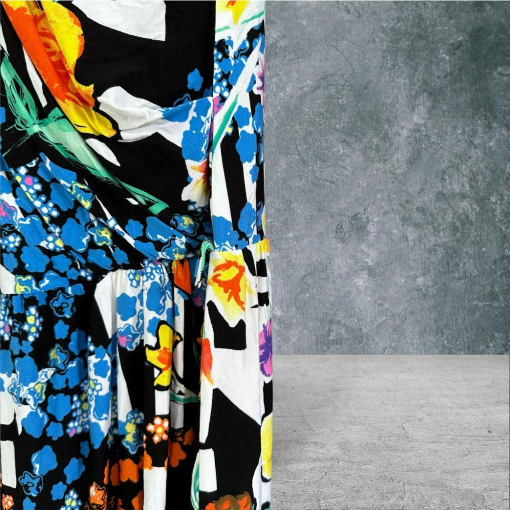 二手 BERNINI貝爾尼尼 香港製 黃藍黑 九成五新 彈性棉麻V領塗鴉花卉USA9號 無袖 洋裝 VA903﹝凡賽蘇﹞-細節圖3