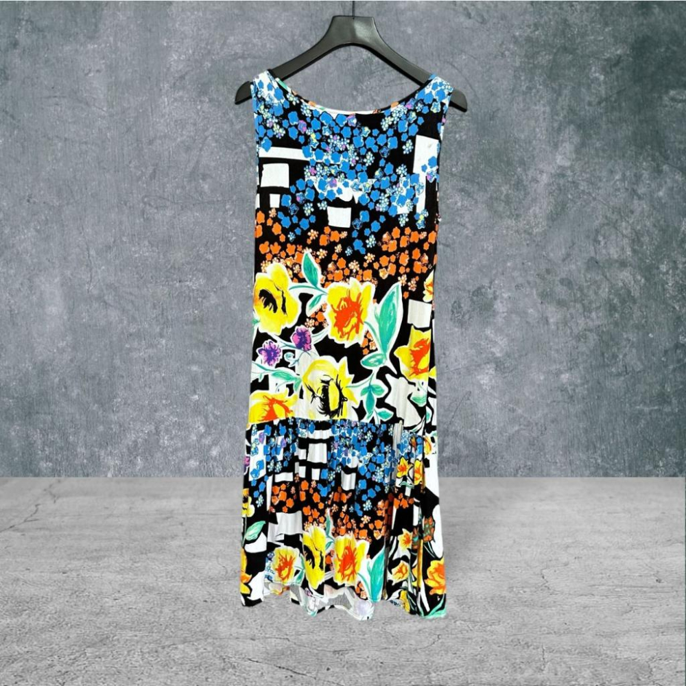 二手 BERNINI貝爾尼尼 香港製 黃藍黑 九成五新 彈性棉麻V領塗鴉花卉USA9號 無袖 洋裝 VA903﹝凡賽蘇﹞-細節圖4