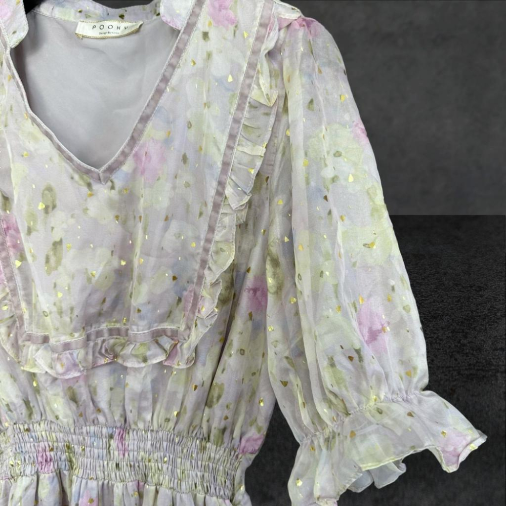 二手 POOKY 粉紫 夢幻超仙 雪紡水彩花紋燙金愛心V領飄逸裙襬 短袖 洋裝 VA27 ﹝凡賽蘇﹞-細節圖2