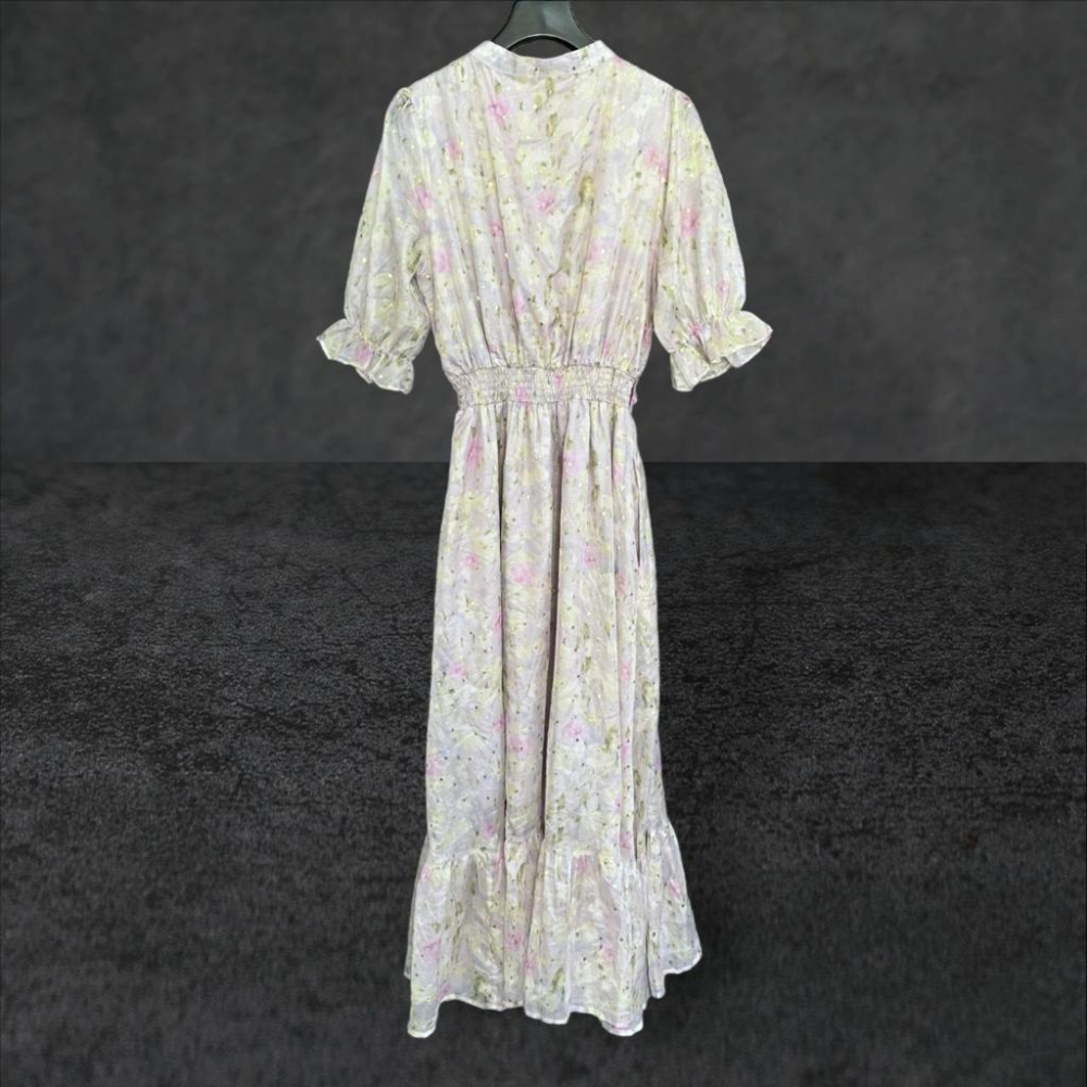 二手 POOKY 粉紫 夢幻超仙 雪紡水彩花紋燙金愛心V領飄逸裙襬 短袖 洋裝 VA27 ﹝凡賽蘇﹞-細節圖3