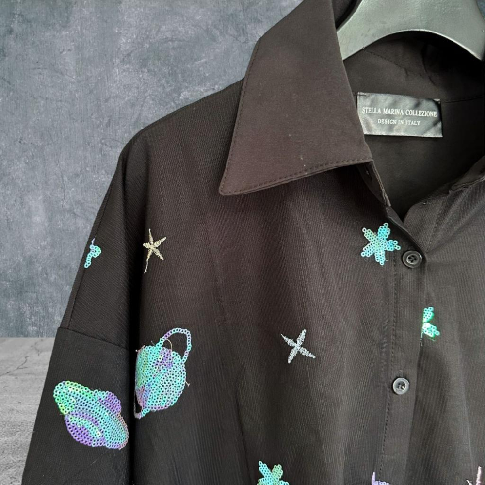 二手 STELLA MARINA COLLEZIONE 黑 大碼雪紡網紗刺繡亮片長版 短袖 上衣 VA821﹝凡賽蘇﹞-細節圖2