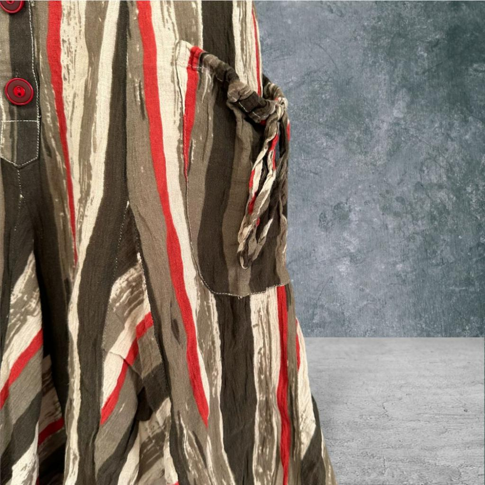 二手 BON AMI 咖紅 棉麻幾何線條前開扣立體八片裙M號 無袖 洋裝 VA821﹝凡賽蘇﹞-細節圖2