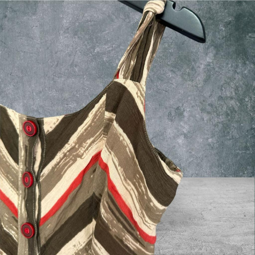 二手 BON AMI 咖紅 棉麻幾何線條前開扣立體八片裙M號 無袖 洋裝 VA821﹝凡賽蘇﹞-細節圖3