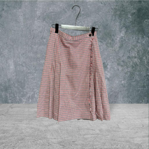 二手 IMPEAT 日本製 紅黑白 棉麻壓褶格紋鬚邊一片裙13號 長裙 VA817﹝凡賽蘇﹞