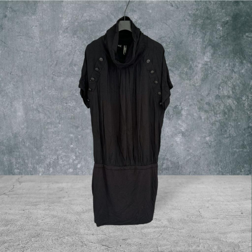 二手 MANGO SUIT西班牙製 黑 棉麻落肩造型翻領下身包臀彈性棉窄裙S號 短袖 洋裝 VA809﹝凡賽蘇﹞