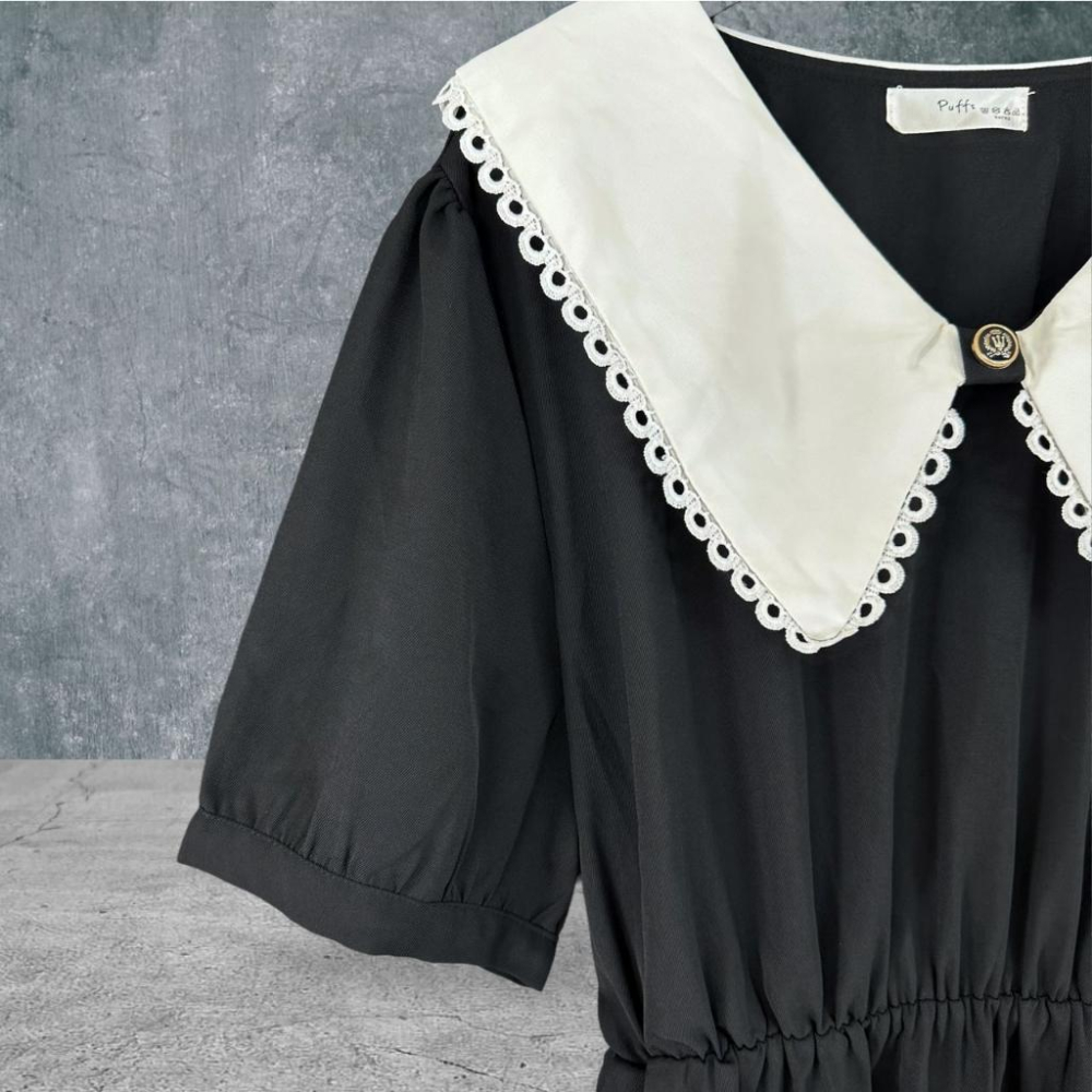 二手 Puffs韓國品牌 大碼可哥德式大領蓬袖彈性腰圍長洋 禁慾修道院十三號星期五 短袖 洋裝 VA512 ﹝凡賽蘇﹞-細節圖2