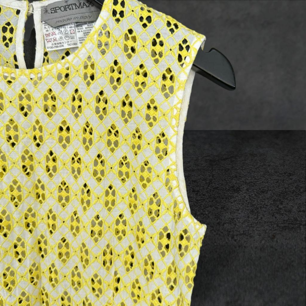 二手 SPORTMAX 義大利製 黃白 鏤空繡花棉彈性 無袖 洋裝 VA804 ﹝凡賽蘇﹞-細節圖2
