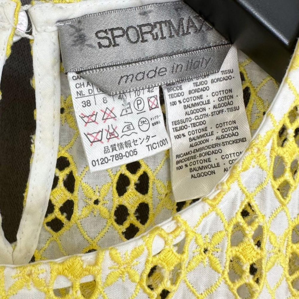 二手 SPORTMAX 義大利製 黃白 鏤空繡花棉彈性 無袖 洋裝 VA804 ﹝凡賽蘇﹞-細節圖3