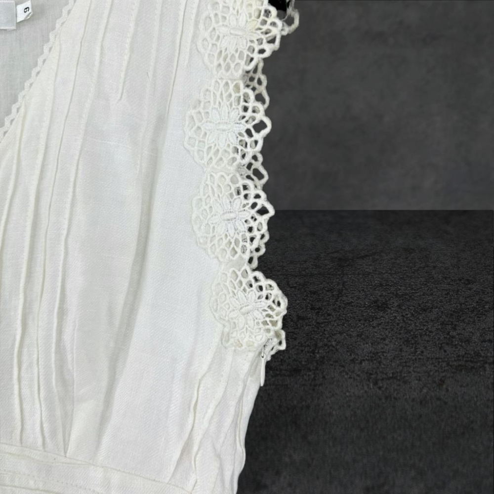 二手 CANDACE洪秀女 白 棉麻壓褶V領綁繩刺繡蕾絲邊9號 無袖 洋裝 VA727﹝凡賽蘇﹞-細節圖2