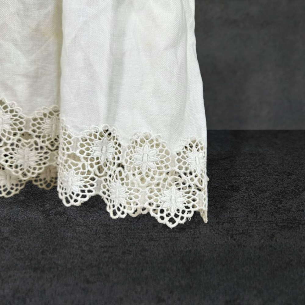 二手 CANDACE洪秀女 白 棉麻壓褶V領綁繩刺繡蕾絲邊9號 無袖 洋裝 VA727﹝凡賽蘇﹞-細節圖3