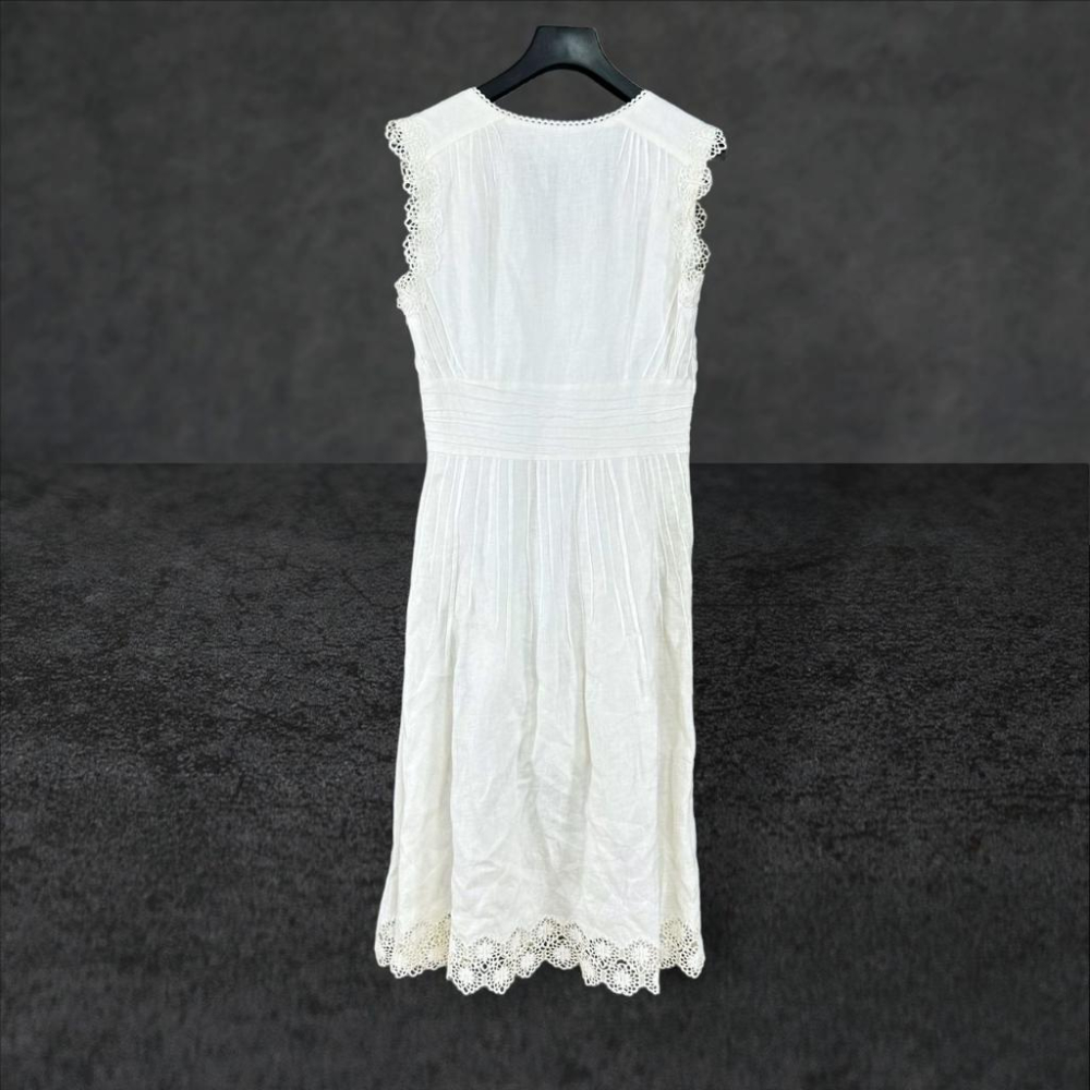 二手 CANDACE洪秀女 白 棉麻壓褶V領綁繩刺繡蕾絲邊9號 無袖 洋裝 VA727﹝凡賽蘇﹞-細節圖4