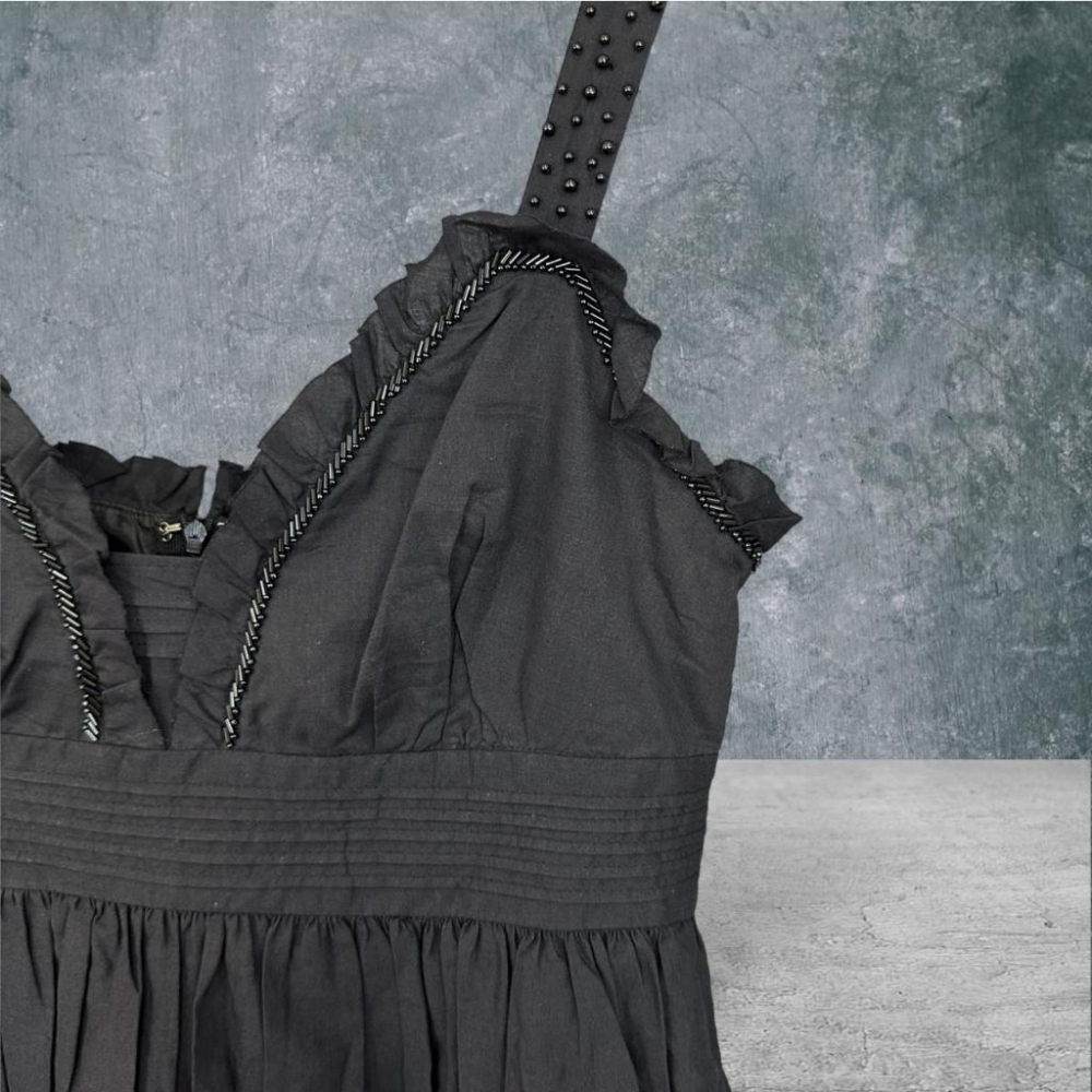 二手 黑 棉麻貝殼胸縫珠造型高腰蓬裙 無袖 洋裝 VA727﹝凡賽蘇﹞-細節圖2