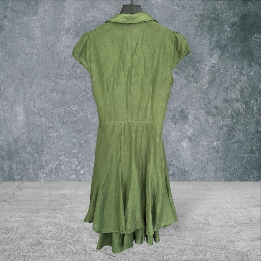二手 Chaber 軍綠 棉麻V領小包袖內搭襯裙可拆兩件式1號 短袖 洋裝 VA727 ﹝凡賽蘇﹞-細節圖3