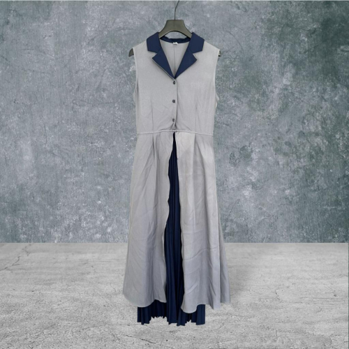 二手 PALETTE 韓國製 藍灰 棉麻西裝領前開扣百褶假兩件高質感 短袖 洋裝 VA723﹝凡賽蘇﹞